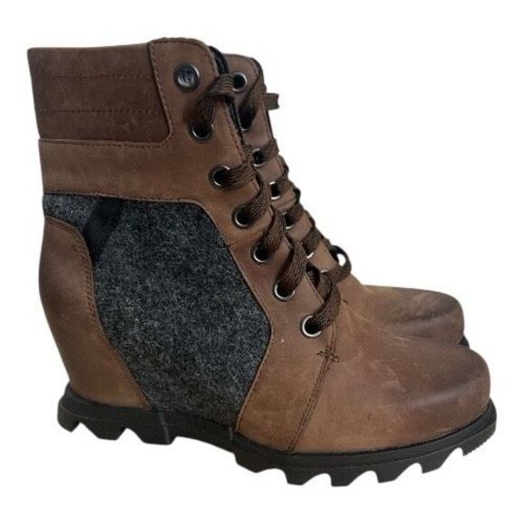 Sorel Joan of Arctic Wedge lll Lexie Brown Leather Boots Size 10 Black Winter - Picture 2 of 9